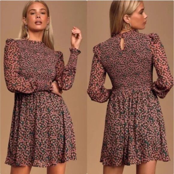 Lulus Floral Forever Green and Pink Floral Print Smocked Skater Dress XS NWT - Picture 1 of 7